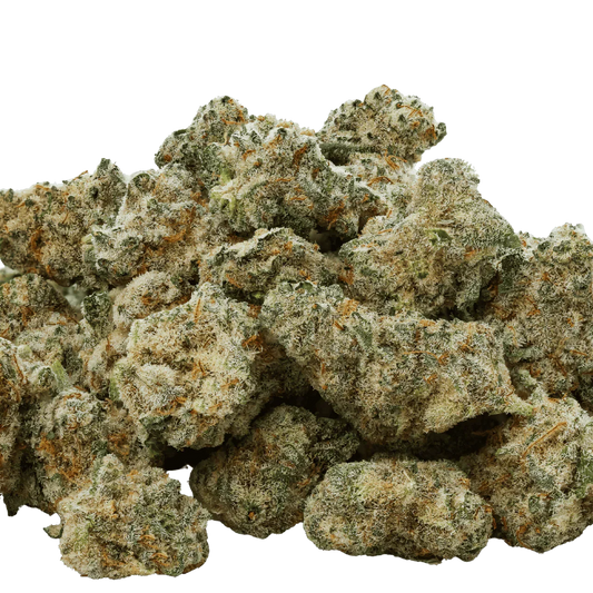 Close-up of frosty cannabis nugs with orange hairs on a black background