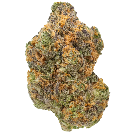 Close-up of Strawberry Gary cannabis bud with green, purple, and orange trichomes