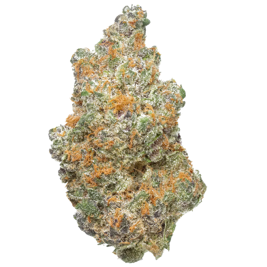 Super Boof cannabis bud with frosty trichomes, orange hairs, and green-purple hues